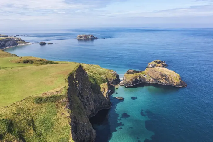 Framed Print : UK, Northern Ireland, County Antrim, Ballintoy, Carrick-a-Rede Rope Bridge, aerial view Framed Print : UK, Northern Ireland, County Antrim, Ballintoy, Carrick-a-Rede Rope Bridge, aerial view