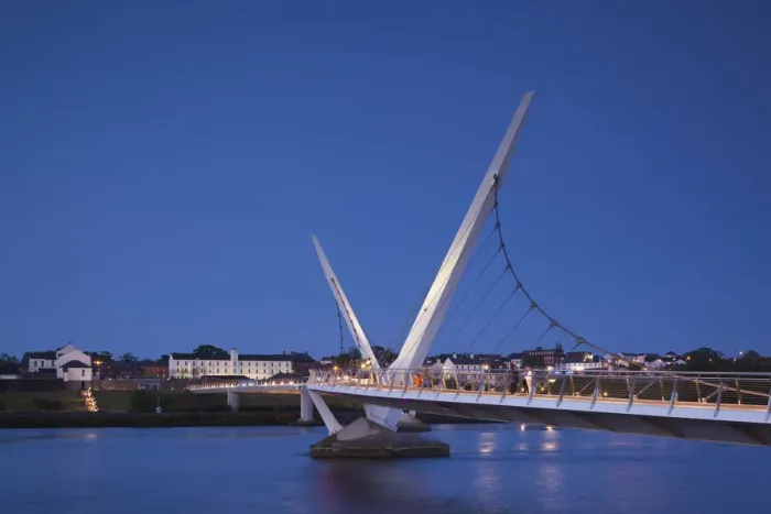 Framed Print : UK, Northern Ireland, County Londonderry, Derry, The Peace Bridge over the River Foyle Framed Print : UK, Northern Ireland, County Londonderry, Derry, The Peace Bridge over the River Foyle