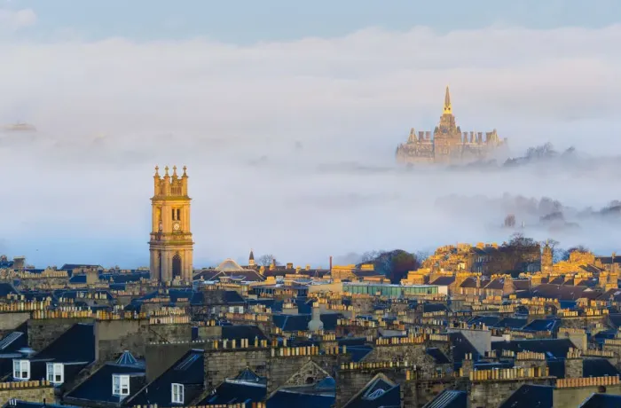 Framed Print : UK, Scotland, Edinburgh, New Town rooftops, St. Stephens Church and Fettes College Framed Print : UK, Scotland, Edinburgh, New Town rooftops, St. Stephens Church and Fettes College