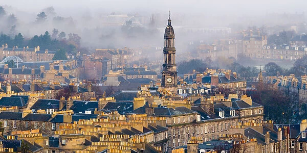 UK, Scotland, Edinburgh, New Town rooftops, Broughton St Marys Parish Church and Victorian