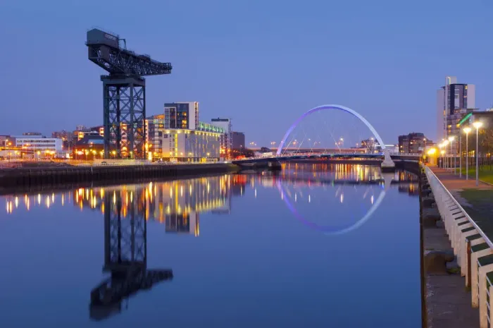 Framed Print : UK, Scotland, Glasgow, River Clyde, Finnieston Crane and the Clyde Arc, nicknamed Framed Print : UK, Scotland, Glasgow, River Clyde, Finnieston Crane and the Clyde Arc, nicknamed
