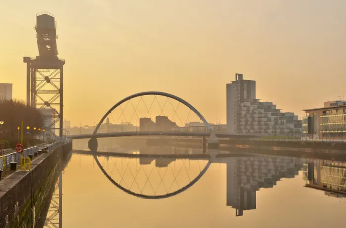 Framed Print : UK, Scotland, Glasgow, River Clyde, Finnieston Crane and the Clyde Arc, nicknamed Framed Print : UK, Scotland, Glasgow, River Clyde, Finnieston Crane and the Clyde Arc, nicknamed