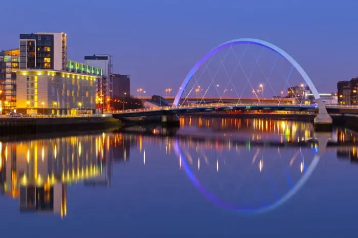 Framed Print : UK, Scotland, Glasgow, River Clyde and the Clyde Arc, nicknamed the Squinty Bridge Framed Print : UK, Scotland, Glasgow, River Clyde and the Clyde Arc, nicknamed the Squinty Bridge
