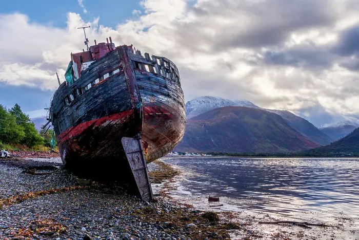 Framed Print : UK, Scotland, Highland, Fort William, Corpach, Caol Beach, Corpach Shipwreck or Old Boat of Caol and Ben Nevis Framed Print : UK, Scotland, Highland, Fort William, Corpach, Caol Beach, Corpach Shipwreck or Old Boat of Caol and Ben Nevis