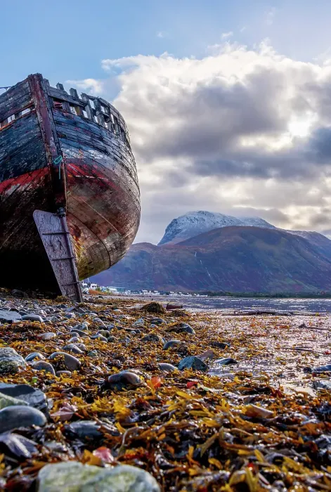Framed Print : UK, Scotland, Highland, Fort William, Corpach, Caol Beach, Corpach Shipwreck or Old Boat of Caol and Ben Nevis Framed Print : UK, Scotland, Highland, Fort William, Corpach, Caol Beach, Corpach Shipwreck or Old Boat of Caol and Ben Nevis