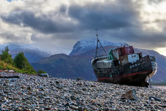 Framed Print : UK, Scotland, Highland, Fort William, Corpach, Caol Beach, Corpach Shipwreck or Old Boat of Caol and Ben Nevis