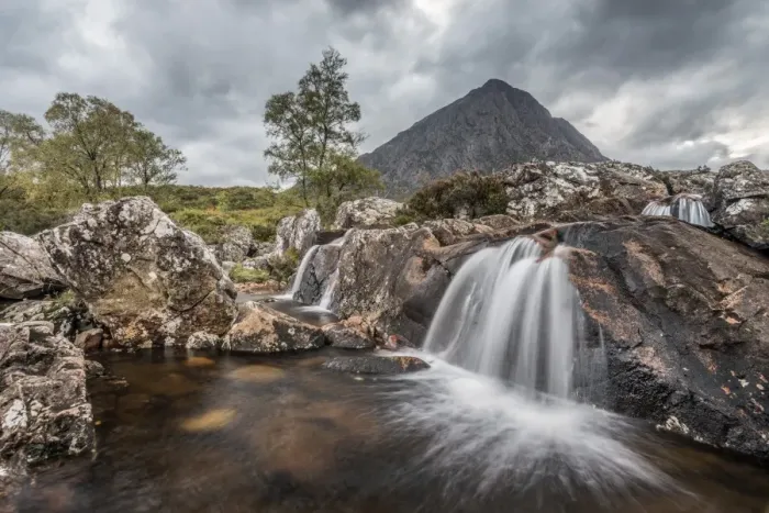 Framed Print : UK, Scotland, Highland, Glen Coe, River Coupall, Coupall Falls and Buachaille Etive Mor