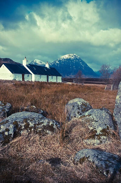 UK, Scotland, Highland, Glen Coe, Black Rock Cottage with Buachaille Etive Mor beyond