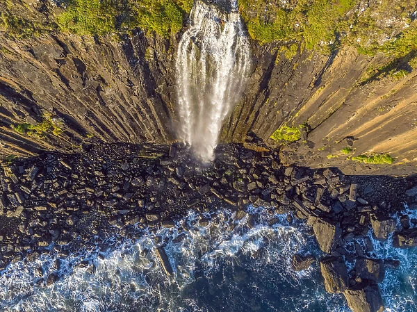 UK, Scotland, Highland, Isle of Skye, Trotternish Peninsula, Kilt Rock Falls (Drone View)