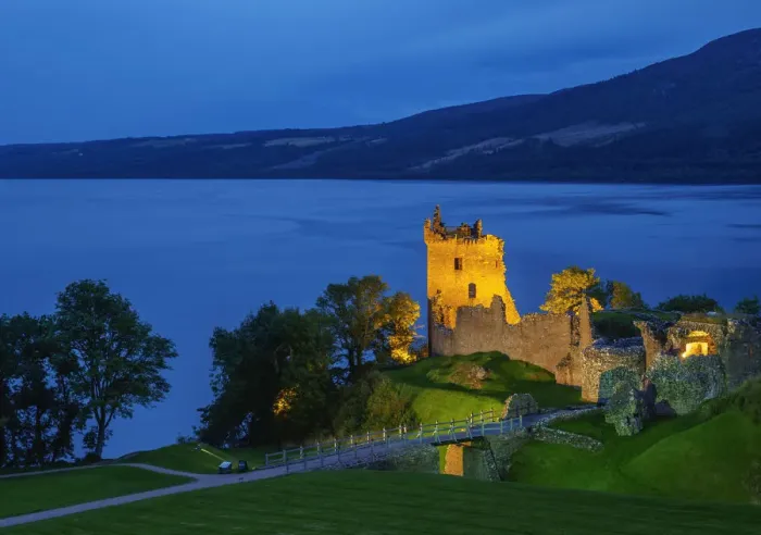 Framed Print : UK, Scotland, Highlands, Twilight view of the Urquhart Castle and Loch Ness Framed Print : UK, Scotland, Highlands, Twilight view of the Urquhart Castle and Loch Ness