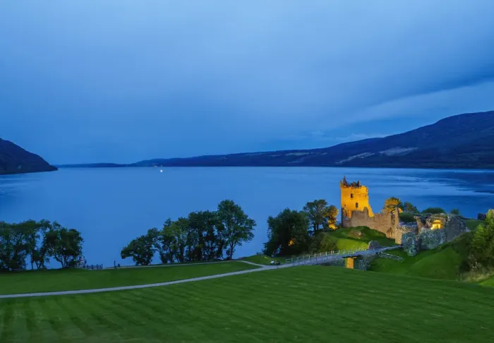Framed Print : UK, Scotland, Highlands, Twilight view of the Urquhart Castle and Loch Ness Framed Print : UK, Scotland, Highlands, Twilight view of the Urquhart Castle and Loch Ness