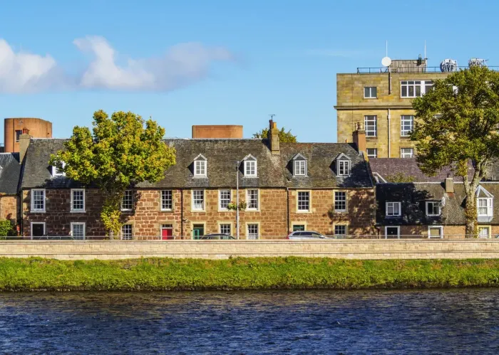 Framed Print : UK, Scotland, Inverness, Row Houses and River Ness Framed Print : UK, Scotland, Inverness, Row Houses and River Ness