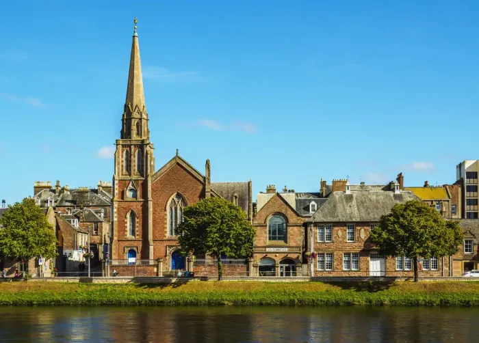 Framed Print : UK, Scotland, Inverness, View of the River Ness and the St Columbas Church Framed Print : UK, Scotland, Inverness, View of the River Ness and the St Columbas Church