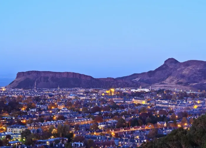 Framed Print : UK, Scotland, Lothian, Edinburgh, Twilight view of the city with Salisbury Crags Framed Print : UK, Scotland, Lothian, Edinburgh, Twilight view of the city with Salisbury Crags