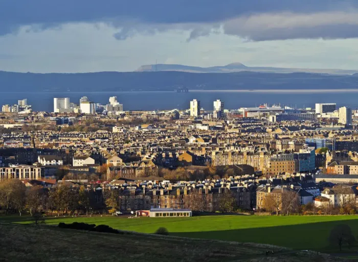 Framed Print : UK, Scotland, Lothian, Edinburgh, Holyrood Park, View towarth Leith and Firth of Forth
