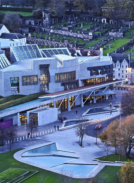 UK, Scotland, Lothian, Edinburgh, Twilight view of the Scottish Parliament Building