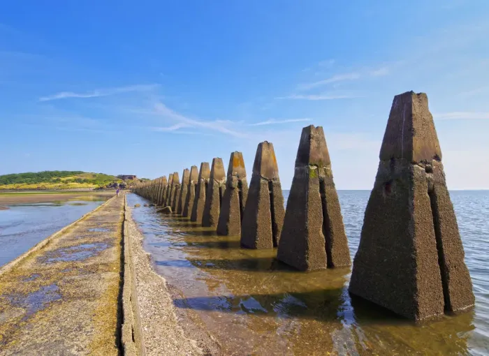 Framed Print : UK, Scotland, Lothian, Edinburgh Area, Cramond, Causeway and Pylons leading to