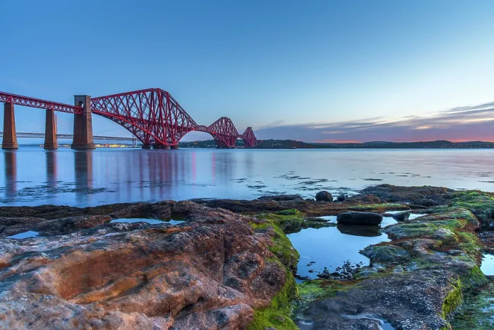 Framed Print : UK, Scotland, Lothian, Near Edinburgh, Queensferry, Forth Bridge over the Firth of Forth, Forth Road Bridge and Queensferry Crossing beyond