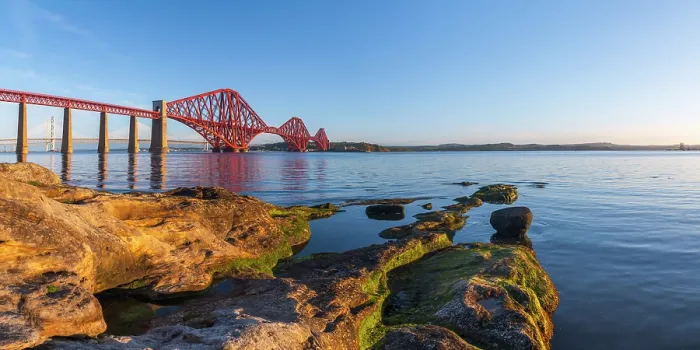 Framed Print : UK, Scotland, Lothian, Near Edinburgh, Queensferry, Forth Bridge over the Firth of Forth, Forth Road Bridge and Queensferry Crossing beyond