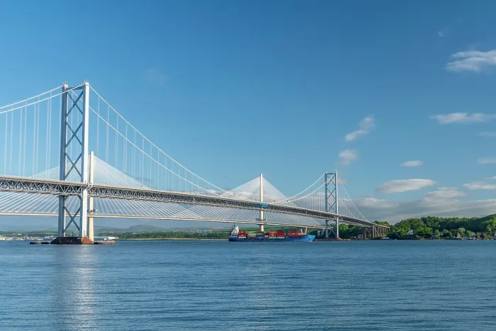 Framed Print : UK, Scotland, Lothian, Near Edinburgh, Queensferry, Forth Road Bridge and Queensferry Crossing