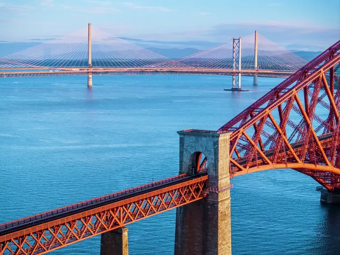 Framed Print : UK, Scotland, Lothian, Near Edinburgh, Queensferry, Forth Bridge with Forth Road Bridge and Queensferry Crossing Bridge beyond Framed Print : UK, Scotland, Lothian, Near Edinburgh, Queensferry, Forth Bridge with Forth Road Bridge and Queensferry Crossing Bridge beyond