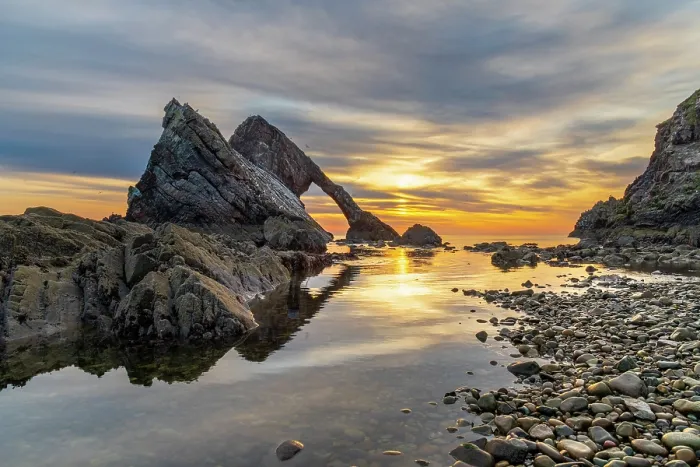 Framed Print : UK, Scotland, Moray, Portknockie, Moray Firth, Bow Fiddle Rock at Sunrise Framed Print : UK, Scotland, Moray, Portknockie, Moray Firth, Bow Fiddle Rock at Sunrise