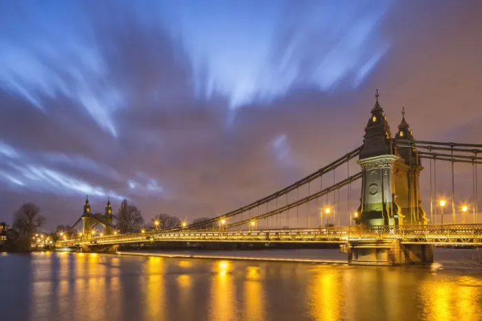 Framed Print : UK, United Kingdom, England, Hammersmith Bridge at dusk Framed Print : UK, United Kingdom, England, Hammersmith Bridge at dusk