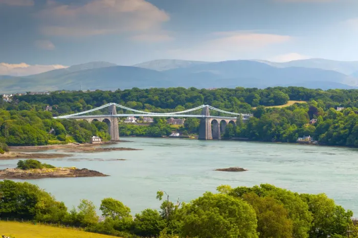 Framed Print : UK, Wales, Anglesey, Menai Straits, Menai Suspension Bridge (Pont Grog y Borth) by Framed Print : UK, Wales, Anglesey, Menai Straits, Menai Suspension Bridge (Pont Grog y Borth) by