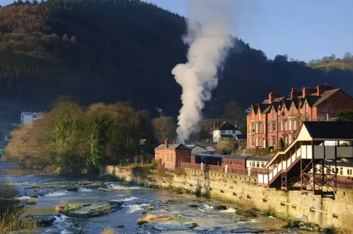 Framed Print : UK, Wales, Denbighshire, Llangollen, River Dee and Llangollen Railway Station Framed Print : UK, Wales, Denbighshire, Llangollen, River Dee and Llangollen Railway Station