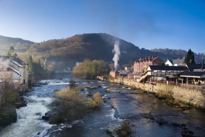 Framed Print : UK, Wales, Denbighshire, Llangollen, River Dee and Llangollen Railway Station Framed Print : UK, Wales, Denbighshire, Llangollen, River Dee and Llangollen Railway Station