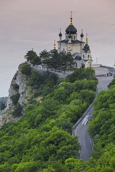 Ukraine, Crimea, Foros, Foros church sitting on top of a cliff overlooking the Black Sea