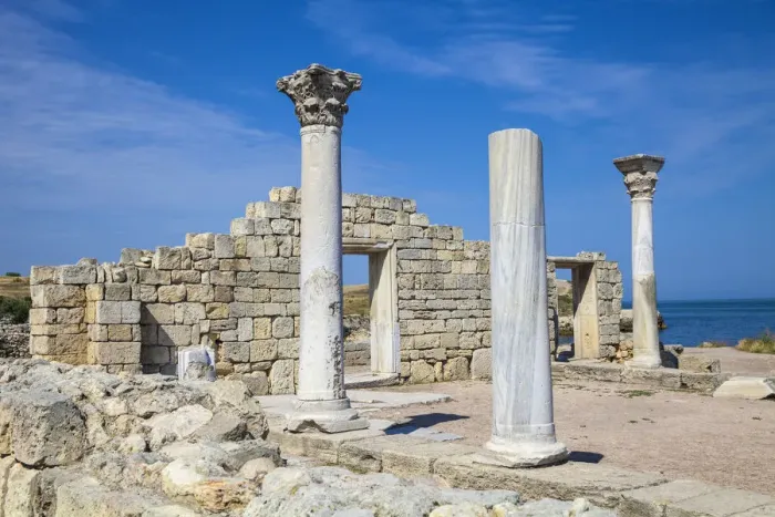 Framed Print : Ukraine, Crimea, Sevastopol, Khersoness, The columns and portico of an early Christian Framed Print : Ukraine, Crimea, Sevastopol, Khersoness, The columns and portico of an early Christian