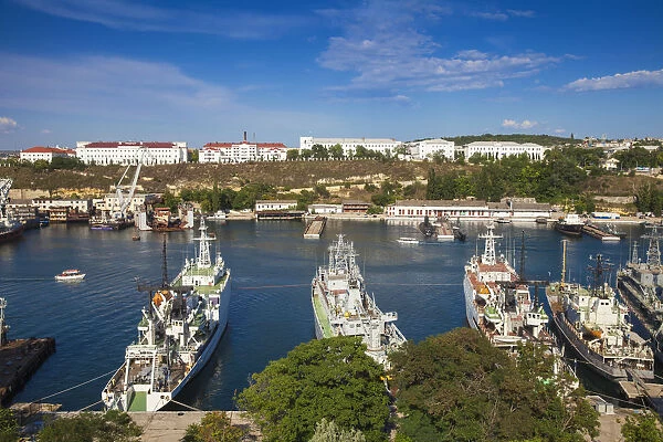 Ukraine, Crimea, Sevastopol, View of Russian and Ukrainian Navy vessels in Sevastopol Bay