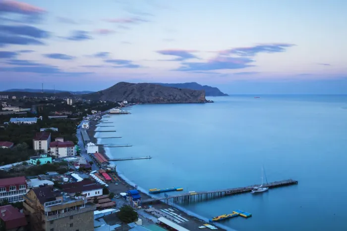 Framed Print : Ukraine, Crimea, Sudak View of city and Black Sea coast Framed Print : Ukraine, Crimea, Sudak View of city and Black Sea coast