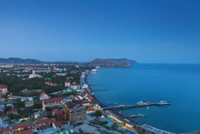 Framed Print : Ukraine, Crimea, Sudak View of city and Black Sea coast Framed Print : Ukraine, Crimea, Sudak View of city and Black Sea coast