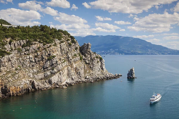Ukraine, Crimea, Yalta, Ferry passing The Sail rock, on its approach