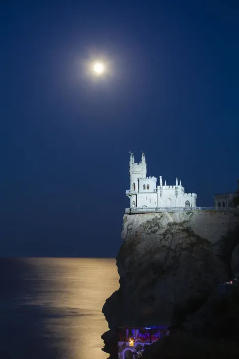 Framed Print : Ukraine, Crimea, Yalta, Gaspra, Full moon over shines over The Swallows Nest