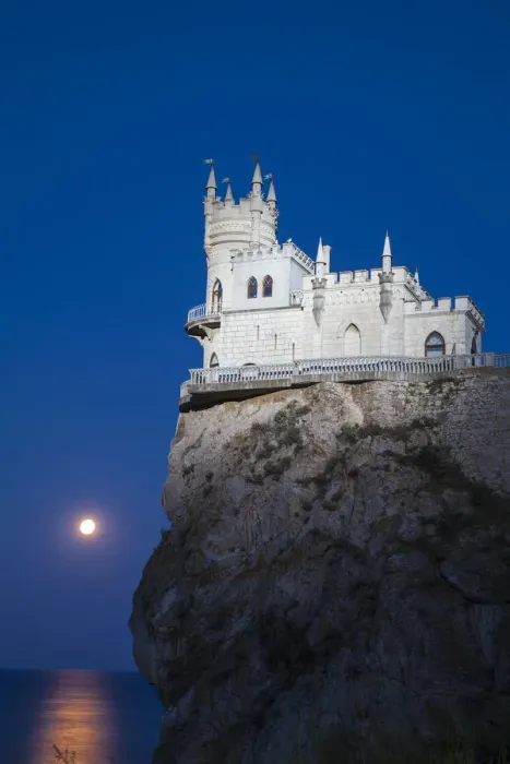 Framed Print : Ukraine, Crimea, Yalta, Gaspra, Full moon over shines over The Swallows Nest