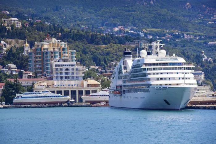 Framed Print : Ukraine, Crimea, Yalta, Yalta embankment, Cruise ship docked at Yalta Cruise ship port Framed Print : Ukraine, Crimea, Yalta, Yalta embankment, Cruise ship docked at Yalta Cruise ship port