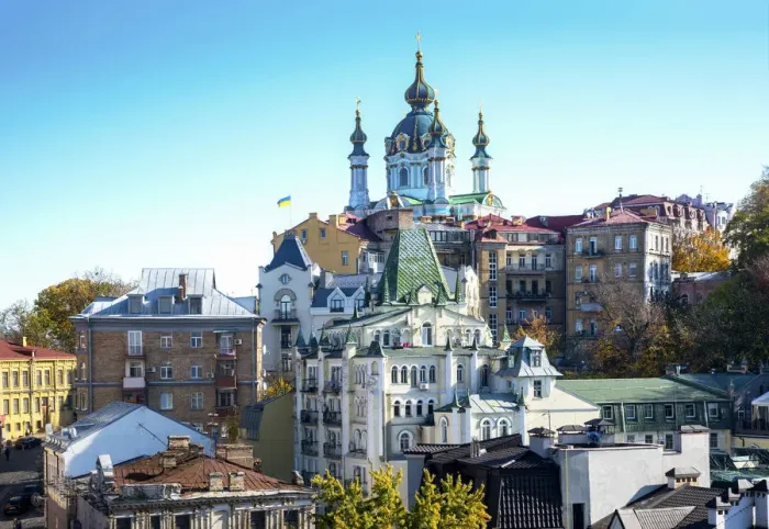 Framed Print : Ukraine, Kyiv, View From Zamkova Hora Hill (Castle Hill) Of Saint Andrews Church Framed Print : Ukraine, Kyiv, View From Zamkova Hora Hill (Castle Hill) Of Saint Andrews Church