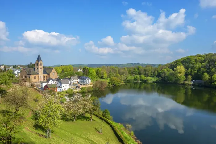 Framed Print : Ulmener Maar with Ulmen, Eifel, Rhineland-Palatinate, Germany