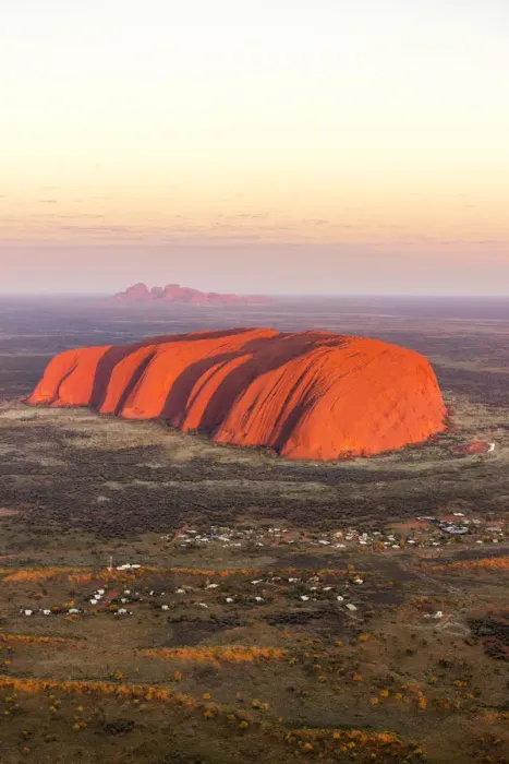 Framed Print : Uluru and Kata Tjuta at sunrise, Aerial view. Northern Territory, Australia