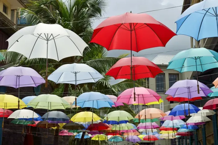 Framed Print : Umbrellas for part of a street decoration, Mauritius, Indian Ocean Framed Print : Umbrellas for part of a street decoration, Mauritius, Indian Ocean