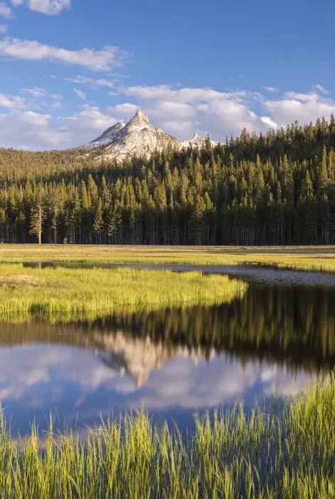 Framed Print : Unicorn Peak reflected in the snow melt pools on Tuolumne Meadows, Yosemite National Park