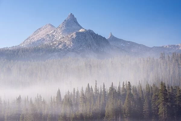 Unicorn Peak rising above a mist shrouded forest, Yosemite National Park, California, USA