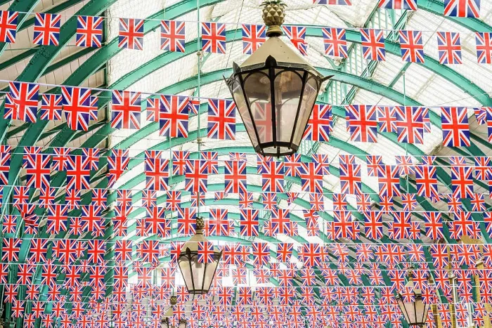 Framed Print : Union flags at the Apple Market in Covent Garden, London, England, UK Framed Print : Union flags at the Apple Market in Covent Garden, London, England, UK