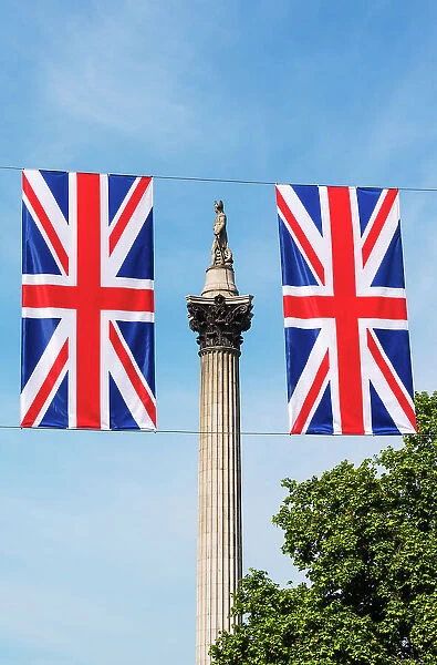 Union flags and Nelsons Column, Trafalgar Square, London, England