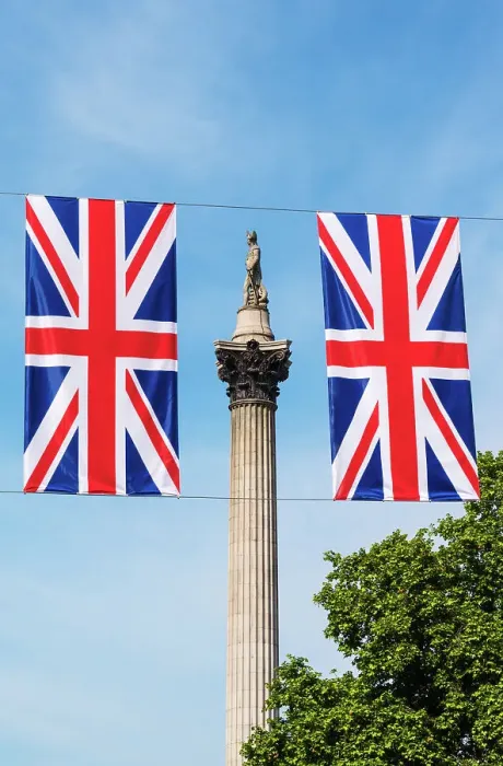 Framed Print : Union flags and Nelsons Column, Trafalgar Square, London, England Framed Print : Union flags and Nelsons Column, Trafalgar Square, London, England