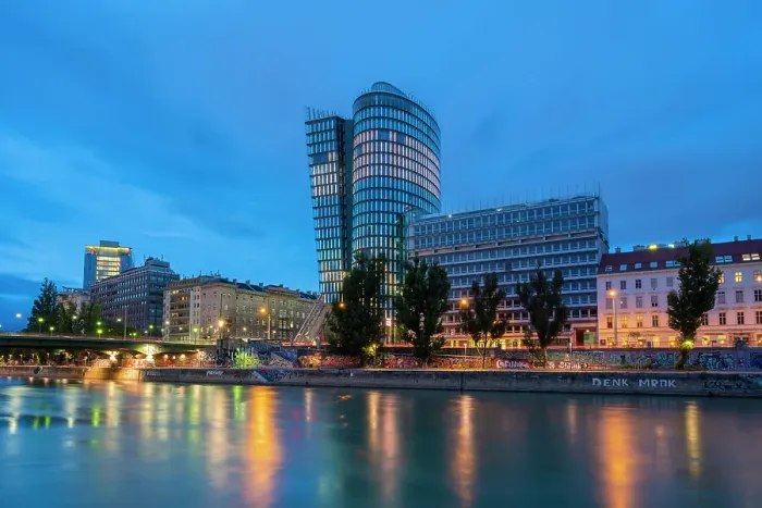 Framed Print : Uniqa Tower against sky at twilight, Leopoldstadt, Vienna, Austria Framed Print : Uniqa Tower against sky at twilight, Leopoldstadt, Vienna, Austria