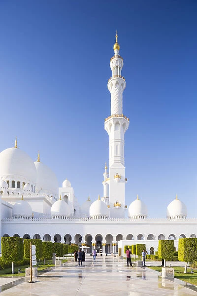 United Arab Emirates, Abu Dhabi. The white marble exterior of Sheikh Zayed Grand Mosque